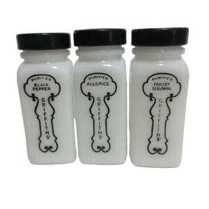 GRIFFITH'S LABORATORIES 4" Milk Glass Spice Bottle with Black Lids Lot of 3 Deco